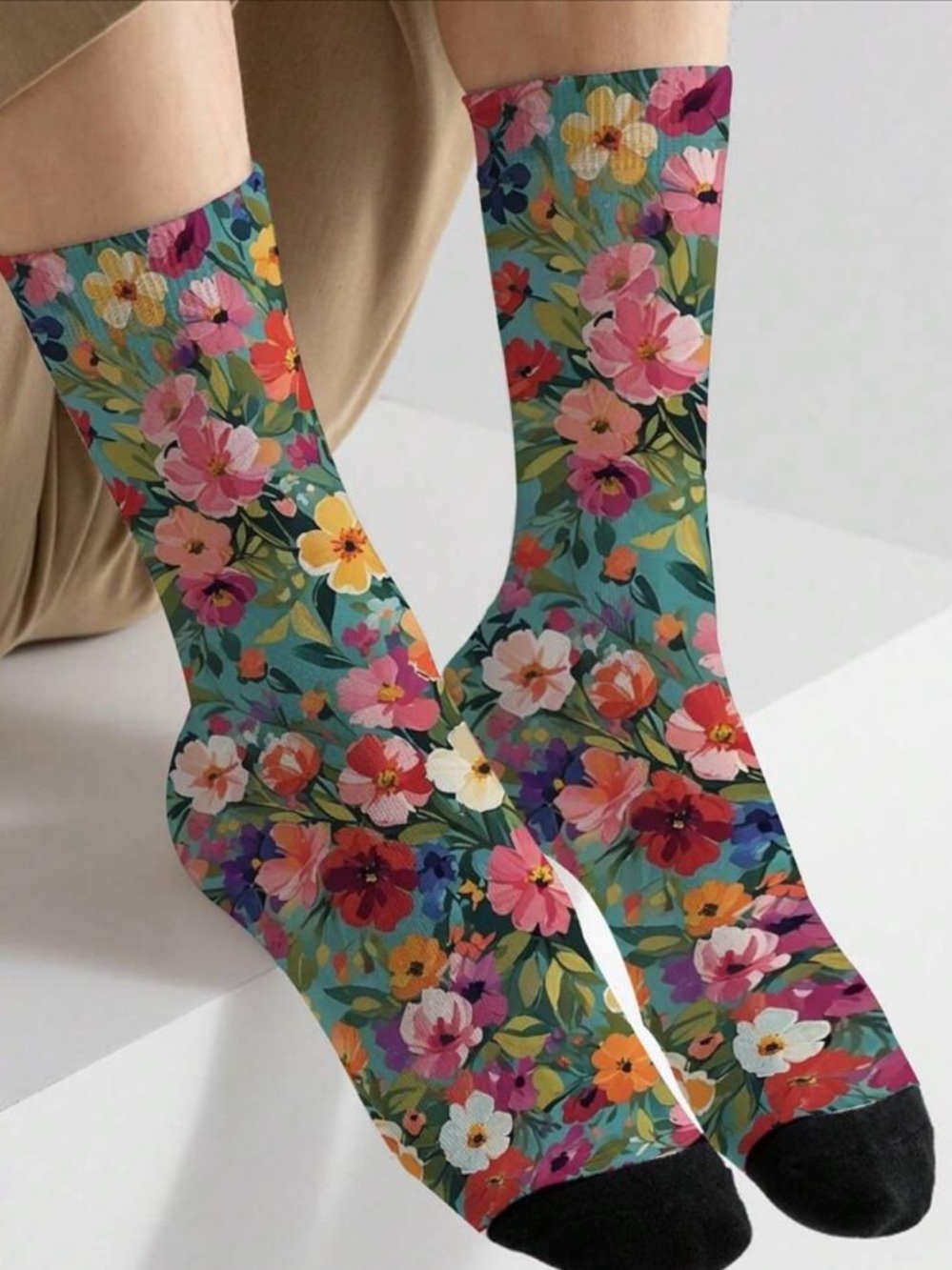 Floral Crew Socks - Multicolor Floral Pattern